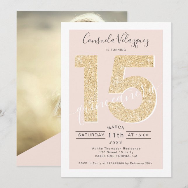 Invitación Moda purpurina de oro guión sonriente quinceañera  (Anverso / Reverso)