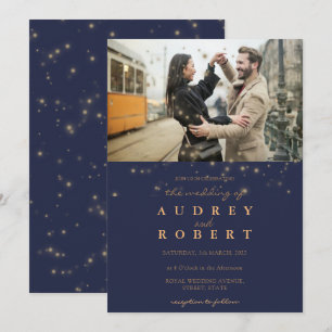 Invitación Moda Purpurina de oro Marina Boda de foto azul
