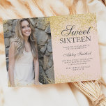 Invitación Moda purpurina de oro moda foto rosa rubor Dulce 1<br><div class="desc">Un purpurina de oro moderno y sencillo brilla con estilo en la invitación a la fiesta de cumpleaños de Sweet color rosa personalizable dieciséis años,  agrega tu foto.</div>