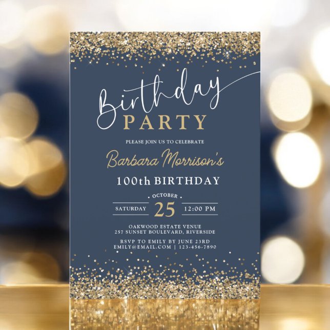 Invitación Moda Purpurina de oro Navy cumpleaños azul cualqui (Subido por el creador)