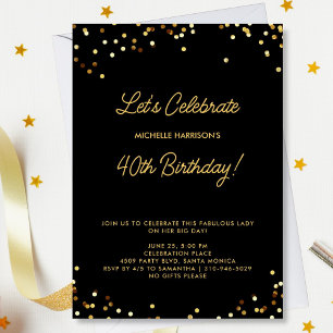 Invitación Moda Purpurina de oro negro Cumpleaños Personaliza