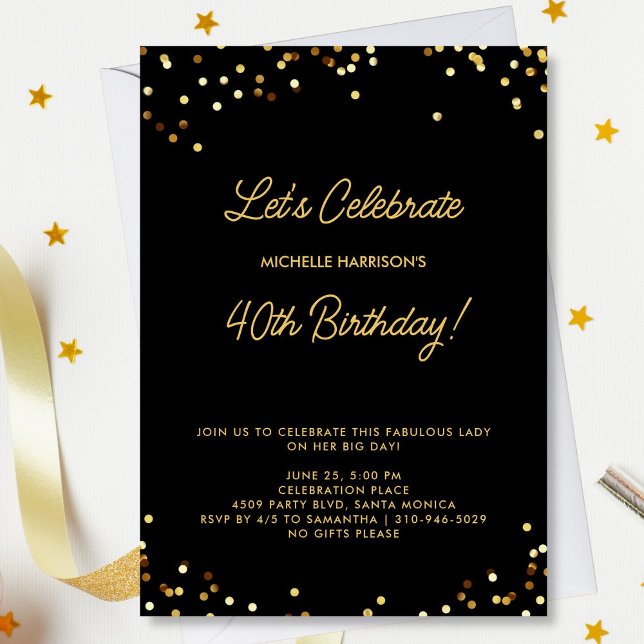 Invitación Moda Purpurina de oro negro Cumpleaños Personaliza (Subido por el creador)