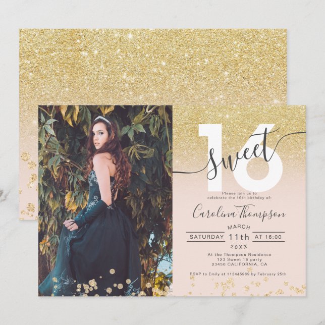 Invitación Moda purpurina de oro oscuro foto rubor Sweet 16 (Anverso / Reverso)