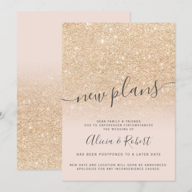 Invitación Moda purpurina de oro rosa aplazó nuevos planes (Anverso / Reverso)