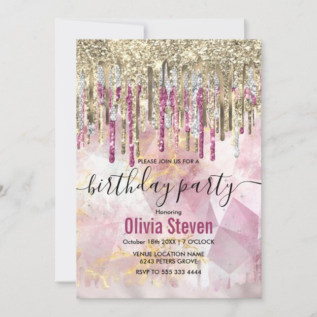 Invitación Moda purpurina de oro rosa goteo monograma (Anverso)
