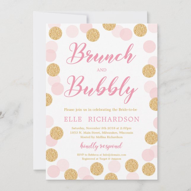 Invitación Moda purpurina de oro rosa polka brunch punto y bu (Anverso)
