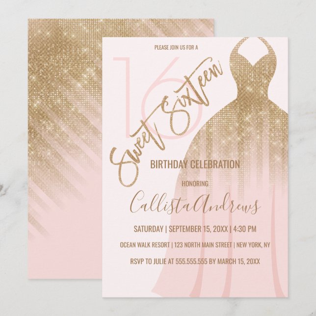 Invitación Moda Purpurina de oro rosa princesa vestido dulce  (Anverso / Reverso)