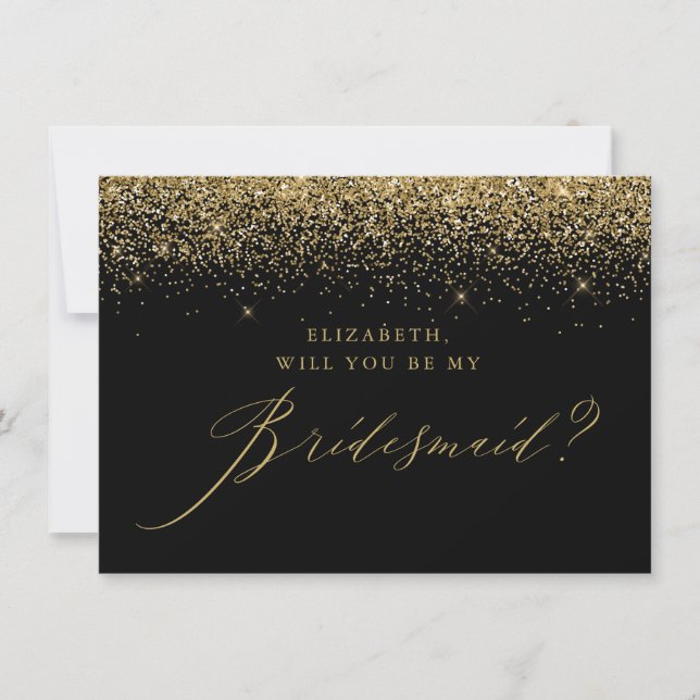 Invitación Moda Purpurina de oro Script Black Bridesmaid (Anverso)