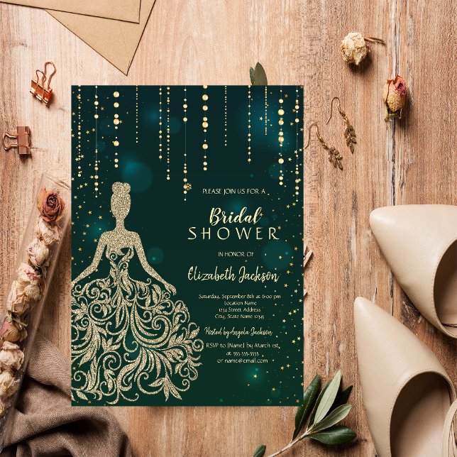Invitación Moda Purpurina de oro vestido con ducha de novia v (Subido por el creador)