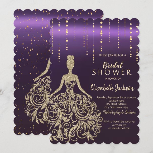 Invitación Moda Purpurina de oro Vestido Violet Bridal Shower (Anverso / Reverso)
