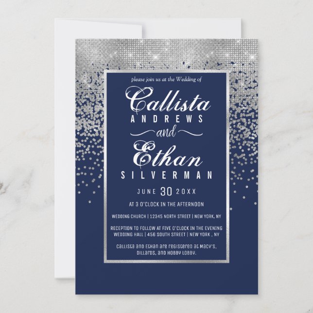 Invitación Moda Purpurina de plata azul  Confetti Boda (Anverso)