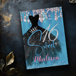 Invitación Moda purpurina de plata azul gotea dulce 16