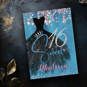 Invitación Moda purpurina de plata azul gotea dulce 16