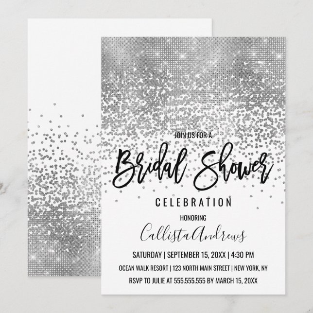 Invitación Moda Purpurina de Plata Blanca Confetti Bridal Sho (Anverso / Reverso)