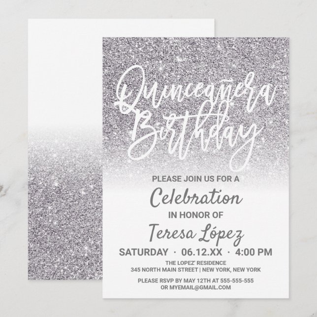 Invitación Moda Purpurina de Plata Blanca Ombre Quinceañera (Anverso / Reverso)