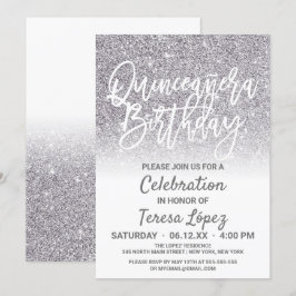 Invitación Moda Purpurina de Plata Blanca Ombre Quinceañera