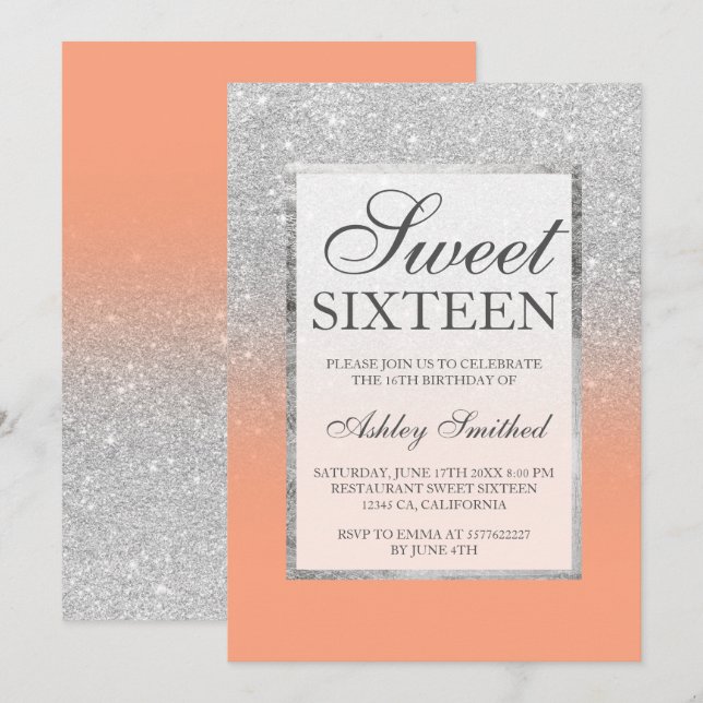 Invitación Moda purpurina de plata de imitación naranja elega (Anverso / Reverso)