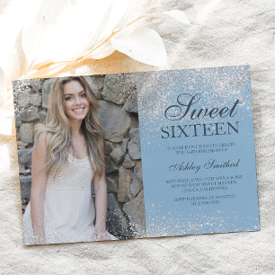 Invitación Moda purpurina de plata foto azul helado Sweet 16