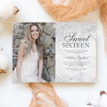 Invitación Moda purpurina de plata foto de mármol blanco Swee<br><div class="desc">Un purpurina plateado moderno y sencillo chispa con estilo en mármol blanco Invitación a la fiesta de 16 cumpleaños Sweet,  añada su foto.</div>