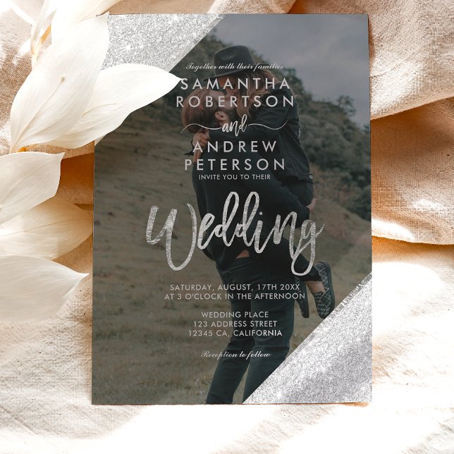 Invitación Moda purpurina de plata guión boda azul marino fot (Subido por el creador)