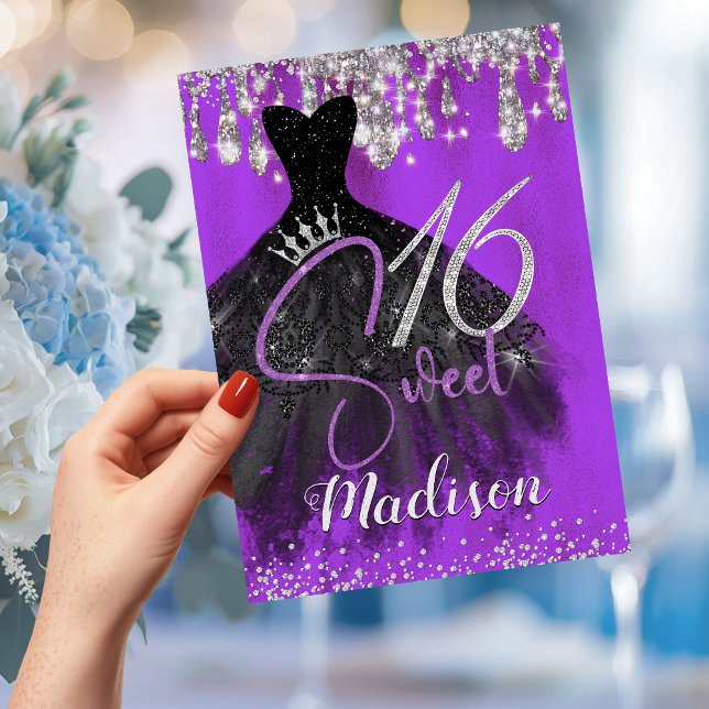Invitación Moda purpurina de plata morada gotea dulce 16 (Subido por el creador)