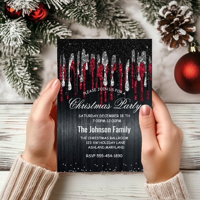 Invitación Moda purpurina de plata negra y roja gotea Navidad (Subido por el creador)