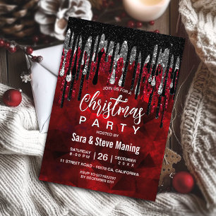 Invitación Moda purpurina de plata roja negra gotea Navidades