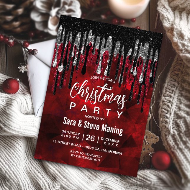 Invitación Moda purpurina de plata roja negra gotea Navidades (Subido por el creador)