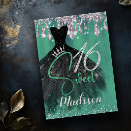 Invitación Moda purpurina de plata verde gotea dulce 16 invit