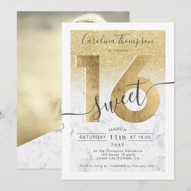 Invitación Moda purpurina de Relieve metalizado de oro inteli (Anverso / Reverso)