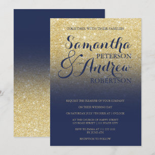 Invitación Moda purpurina dorado boda azul marino