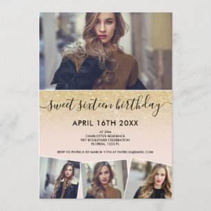 Invitación Moda purpurina dorado fotos de guiones rublos Swee