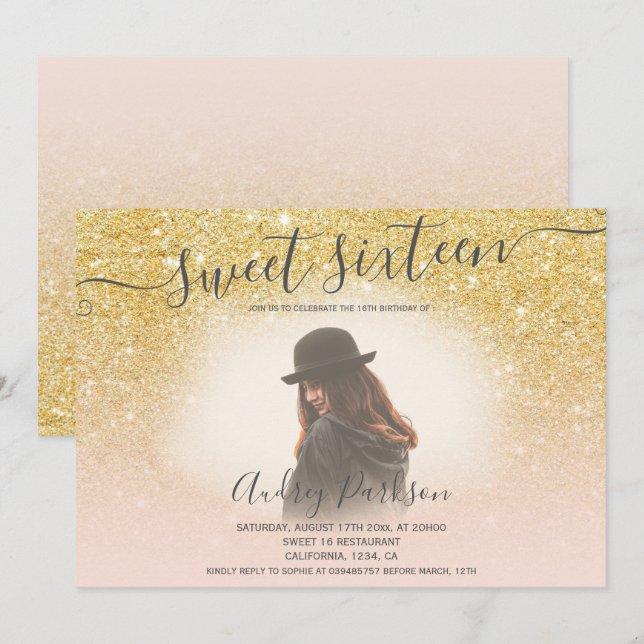 Invitación Moda purpurina dorado rosa chispeado chicle Sweet  (Anverso / Reverso)