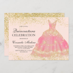 Invitación Moda purpurina dorado vestido rosa negro Quinceañe