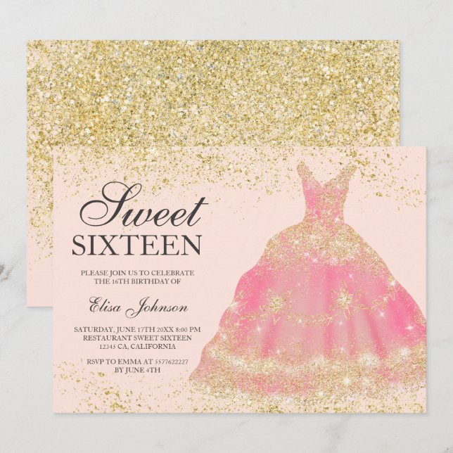 Invitación Moda purpurina dorado vestido rosa rubor Dulce 16 (Anverso / Reverso)