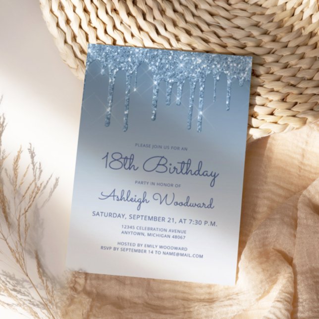 Invitación Moda Purpurina Drip Blue 18º cumpleaños (Subido por el creador)