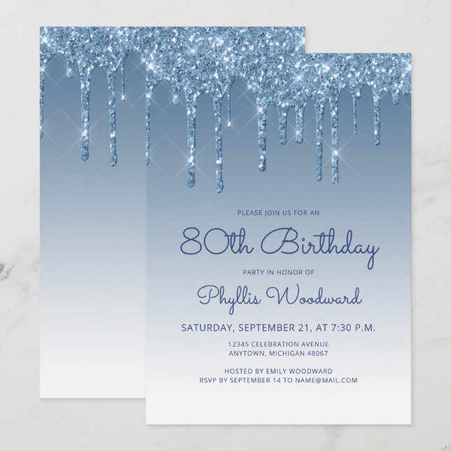 Invitación Moda Purpurina Drip Blue 80 cumpleaños (Anverso / Reverso)