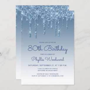 Invitación Moda Purpurina Drip Blue 80 cumpleaños