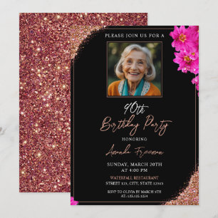 Invitación Moda Purpurina Floral 90 cumpleaños