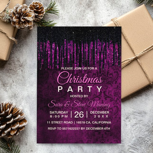 Invitación Moda purpurina morado negro gotea Navidades damasc (Subido por el creador)