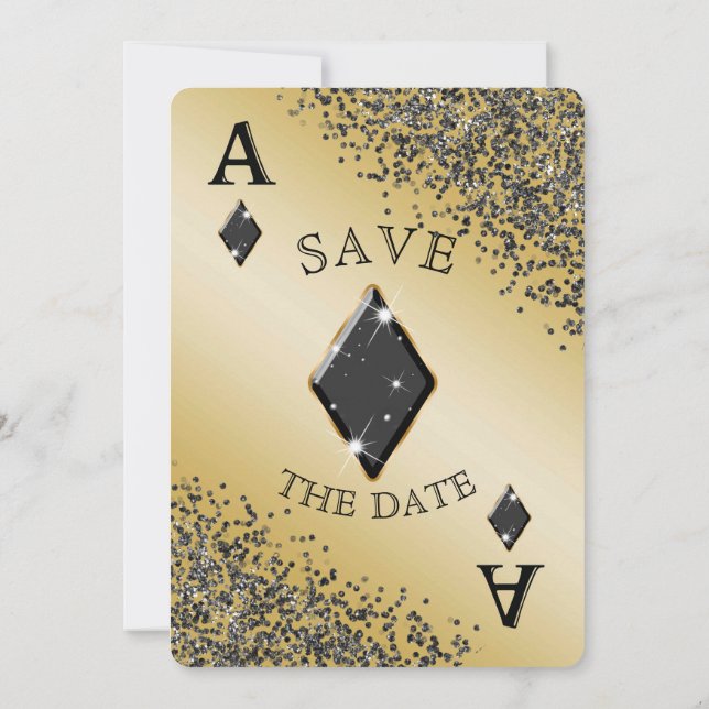 Invitación Moda Purpurina negro y el As de diamantes salvan l (Reverso)