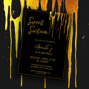 Invitación Moda Purpurina negro y oro gotea dulce 16 cumpleañ