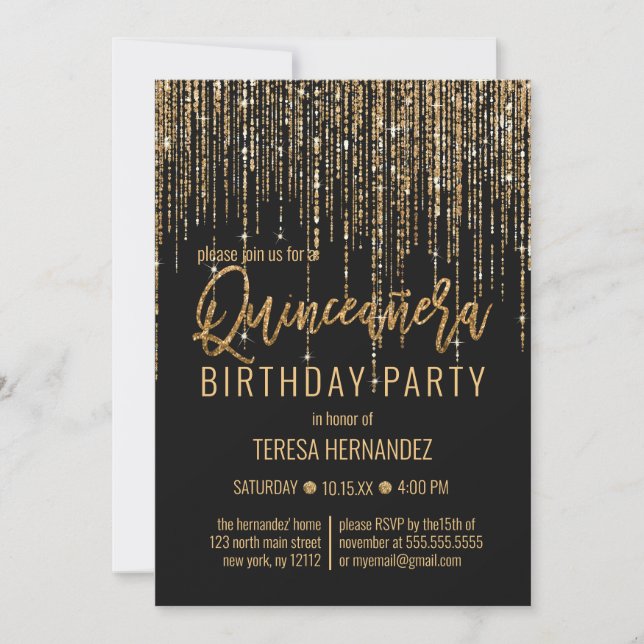 Invitación Moda Purpurina Oro Negro Cortina lateral Quinceañe (Anverso)