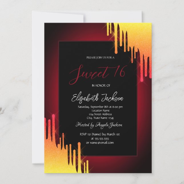 Invitación Moda Purpurina Perforaciones Amarillas, Rojo (Anverso)