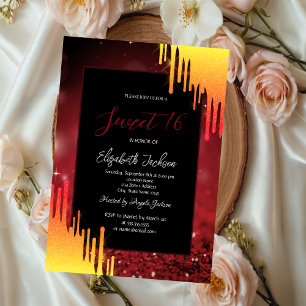 Invitación Moda Purpurina Perforaciones Amarillas, Rojo Bokeh