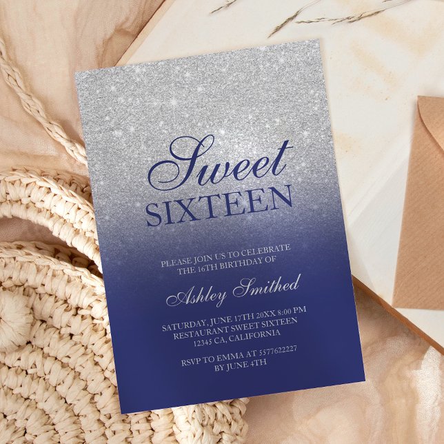 Invitación Moda purpurina plata azul marino elegante Sweet 16 (Subido por el creador)