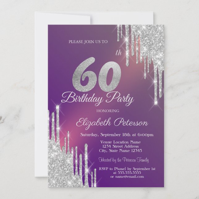 Invitación Moda Purpurina Plata gotea Morado 60 cumpleaños (Anverso)