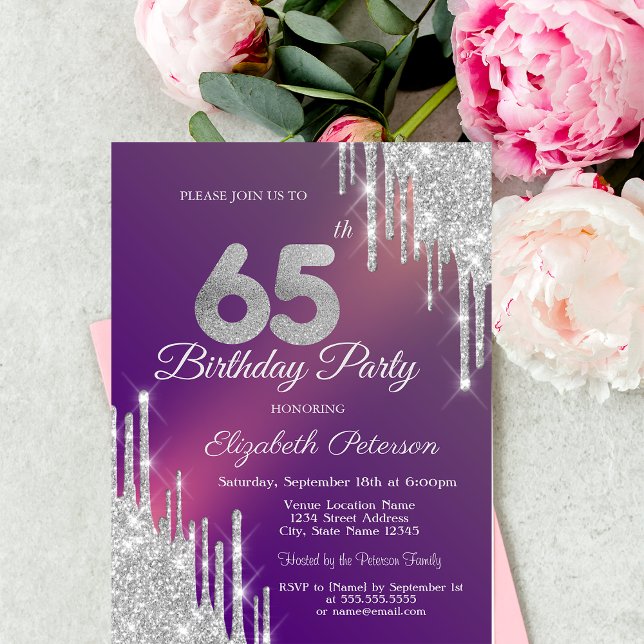 Invitación Moda Purpurina Plata gotea Morado 65 cumpleaños (Subido por el creador)