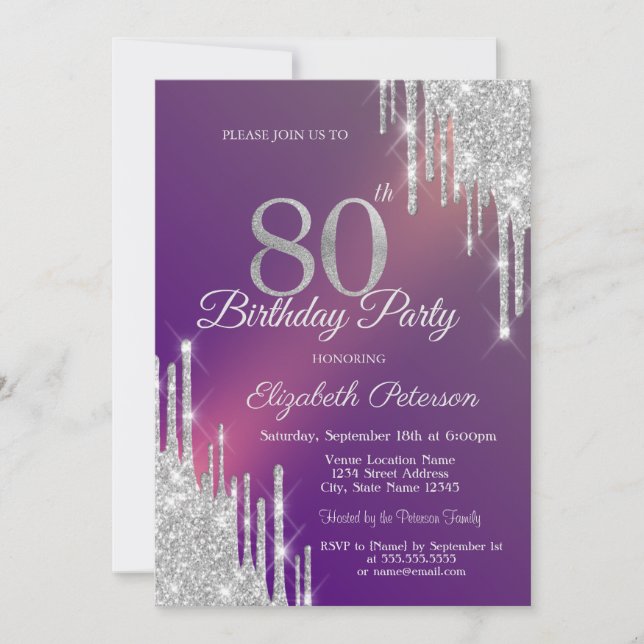 Invitación Moda Purpurina Plata gotea Morado 80 cumpleaños (Anverso)
