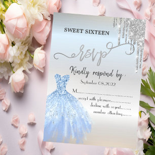 Invitación Moda Purpurina Plata goteo Vestido Azul Dulce 16 R